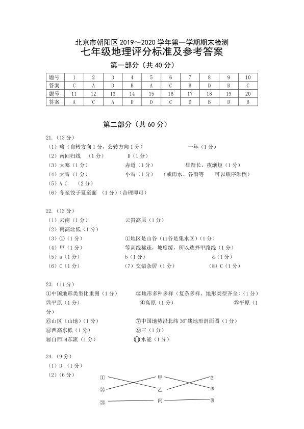 2019-2020第一学期期末统考试卷-朝阳-七年级-19-20第一学期七年级地理