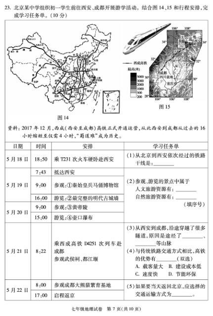 初一试卷-朝阳-北京市朝阳区2017-2018七年级下地理期末