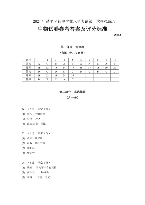 生物-一模试卷-昌平区-2021.04昌平区初中学业水平考试第一次模拟练习生物试卷