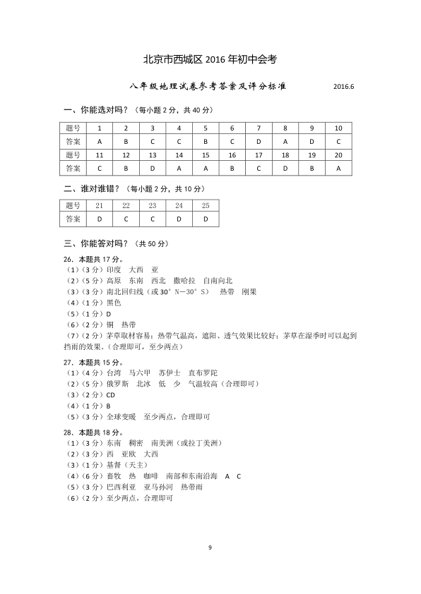 北京市西城区2016年初中会考 地 理 试 卷 2016.6