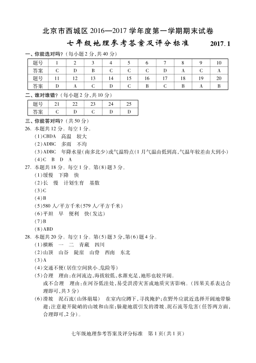北京市西城区2016—2017学年度第一学期期末试卷 七年级地理2017.1