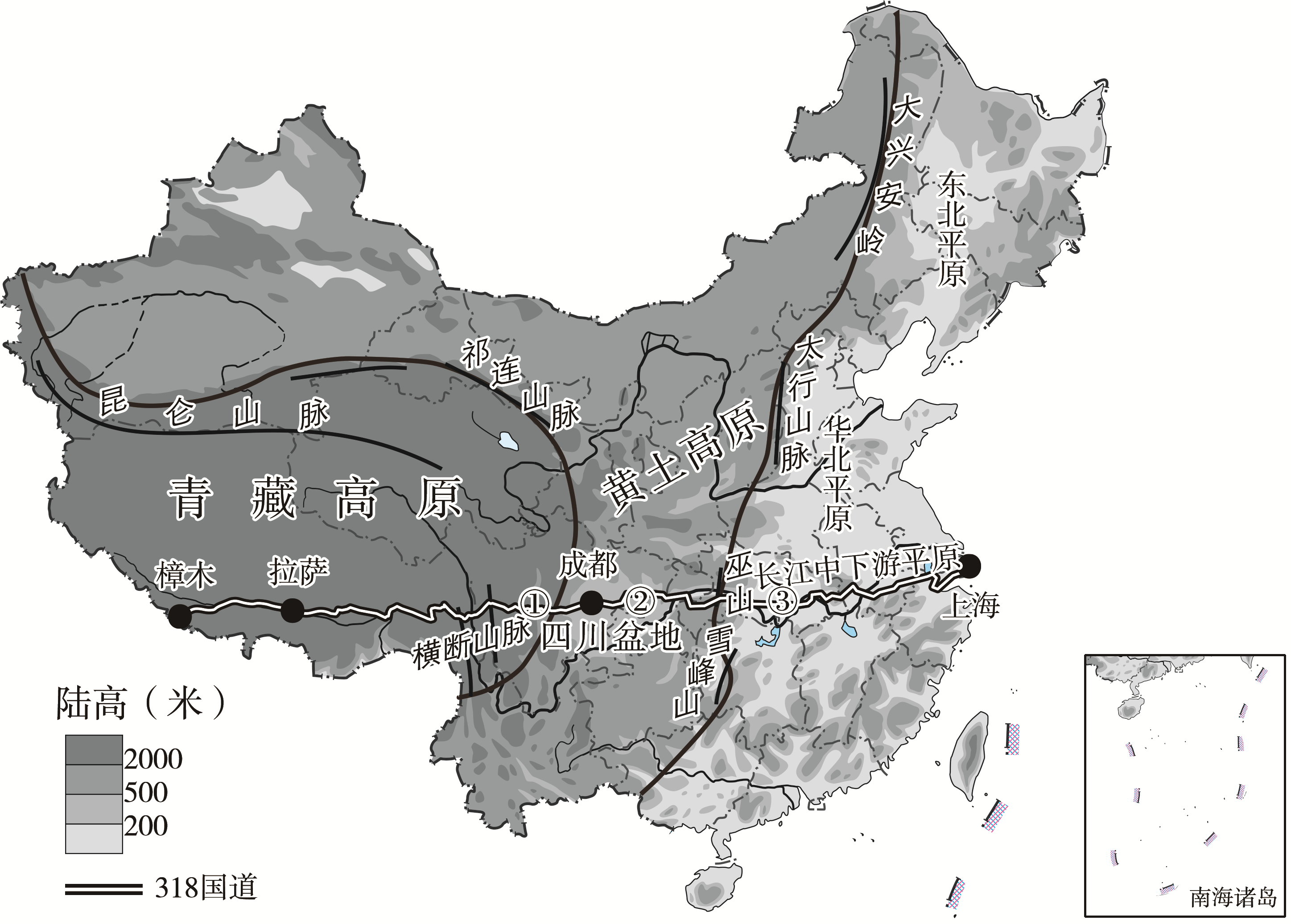 中国地形318国道-中国地形图-简单分层-加阶梯界线