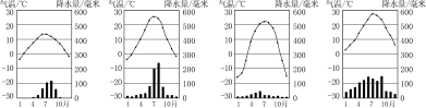 西城区-七年级上学期期末地理试题-试卷配图矢量图-中国四种主要气候类型气温曲线降水量柱状图