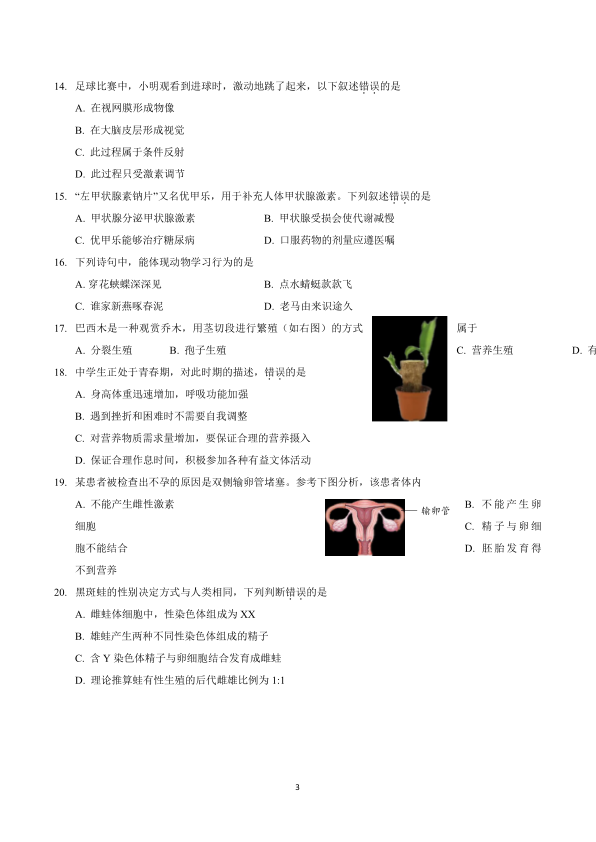 生物-一模试卷-昌平区-2021.04昌平区初中学业水平考试第一次模拟练习生物试卷