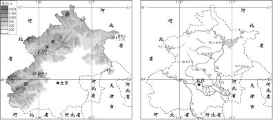 七年级上-西城-矢量配图-北京市地形图和北京市水系图