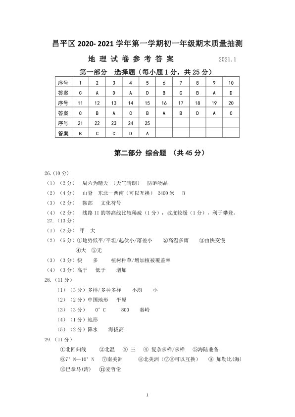 2020-2021第一学期期末-七年级上-昌平-2021.1初一地理期末