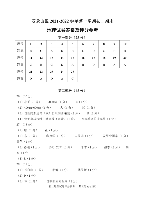 统考中考资料和试题-2022各区统考试卷-石景山区-精品解析：北京市石景山区2021-2022学年八年级上学期期末地理试题（原卷版）