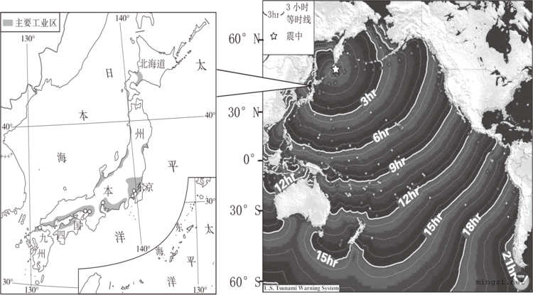 日本工业区及海啸传播等时线图