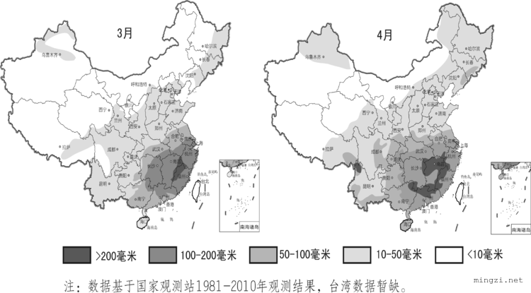 中国春季各月降水量分布