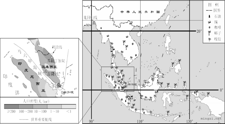 东南亚马来西亚位置矿产和人口密度分布图
