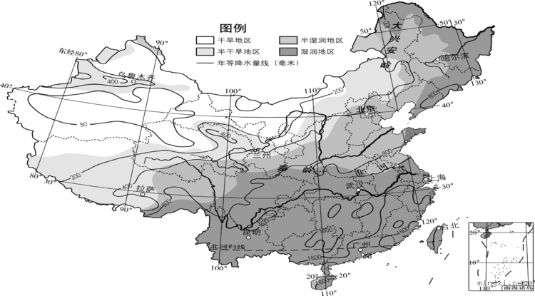 中国干湿区和年降水量
