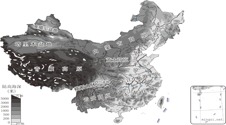 中国地形分层设色深浅两种