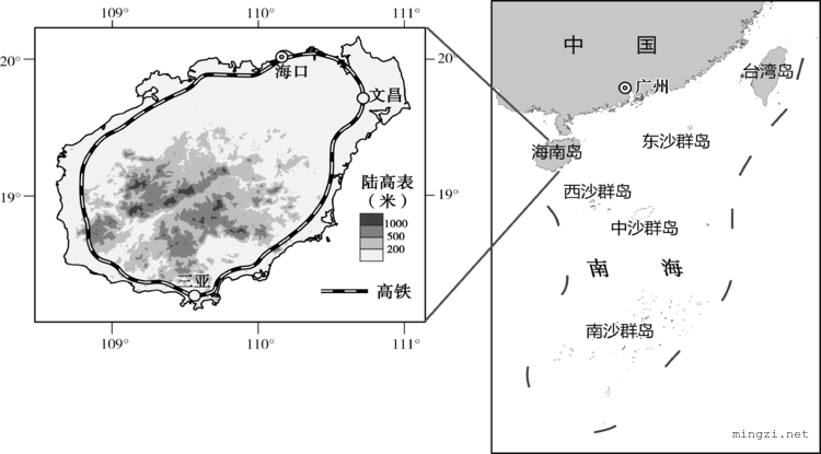 海南地形位置铁路线