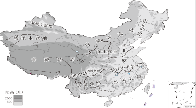 中国地形分层设色深浅两种