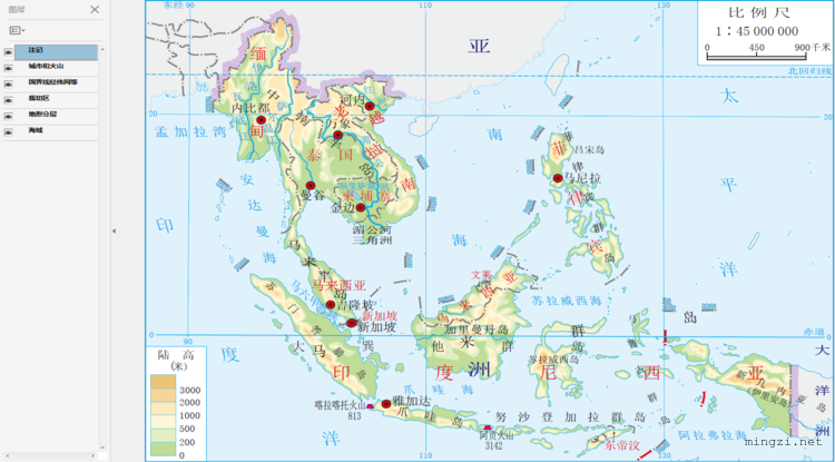 东南亚地形和河流要素分层