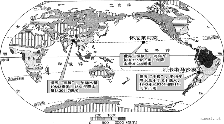 世界年降水量分布及乞拉朋齐和阿卡塔马沙漠干极雨极湿极