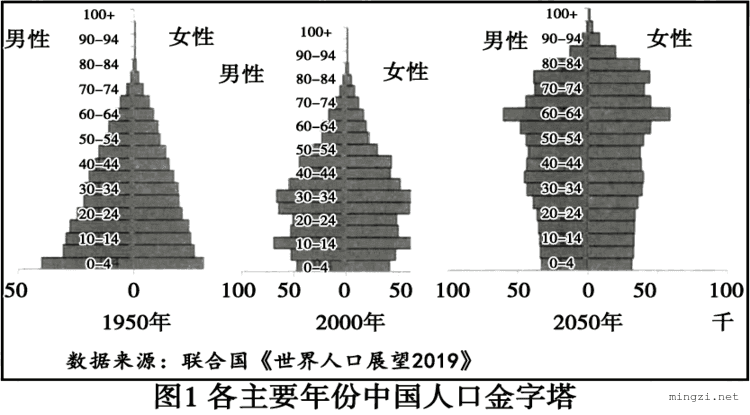 各主要年份中国人口金字塔